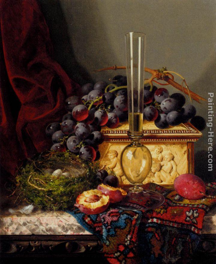 Edward Ladell Still Life With Fruit, Birds Nest, Glass Vase And Casket
